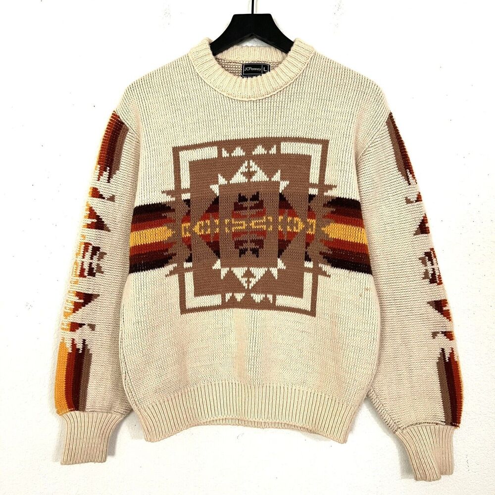 Vintage 1970’s JCPenney Knit Southwestern Pattern Sweater L Cream